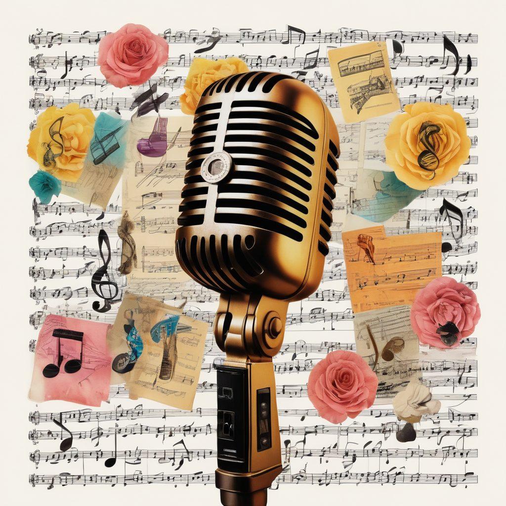 A vibrant collage featuring a vintage microphone surrounded by musical notes, lyric sheets, and instrument silhouettes. In the background, a storyboard illustrating key scenes in a narrative contrasted with flowing melodies. Bright colors enhance the creativity and storytelling elements. super-realistic. vibrant colors. white background.