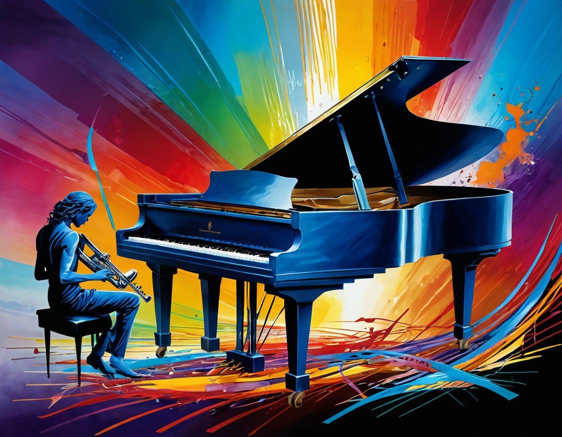 A harmonious blend of musical notes and steel instruments, such as a grand piano and a metal guitar, creating an artistic landscape. Add vibrant colors to represent different musical emotions, with flowing ribbons of sound weaving through sharp metallic elements. In the background, a silhouette of musicians passionately playing, merging the worlds of steel and song. Painting. vibrant colors. dynamic composition.