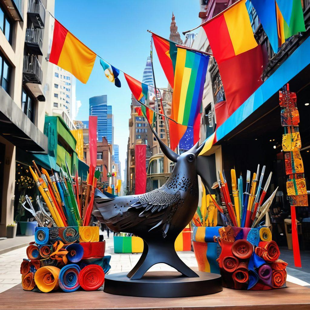 A beautifully crafted steel sculpture in the foreground, symbolizing cultural harmony, surrounded by diverse artistic tools from various cultures, like paintbrushes, musical instruments, and textiles. In the background, a vibrant cityscape representing different cultures merging together, with colorful banners and flags fluttering. The overall ambiance conveys a sense of creativity and unity through art. super-realistic. vibrant colors.